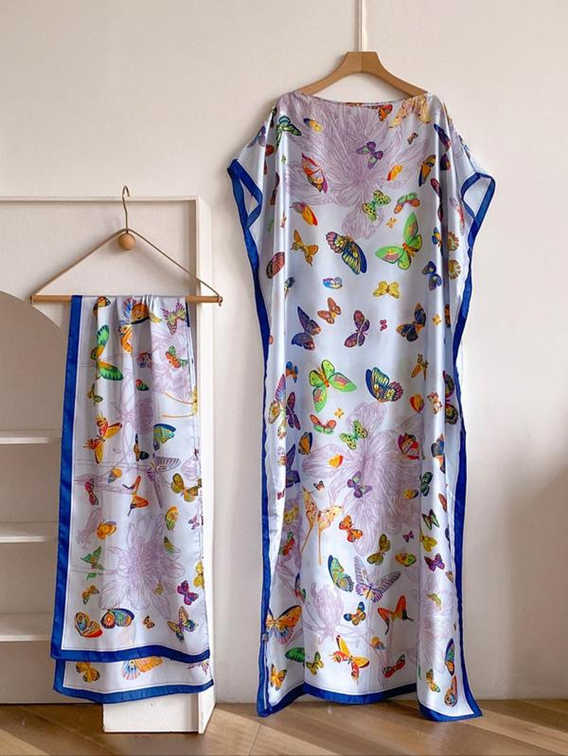 Women'S Floral & Butterfly & Peacock Print Cape Shawl & Scarf Set, Elegant Casual Casual Soft Scarf& Cape Boho Style Shawl Set for Beach Vacation, Fashion Accessories for Women, Gift for Mom, Blanket Scarf, Handmade Scarf, Floral Embroidered Scarf