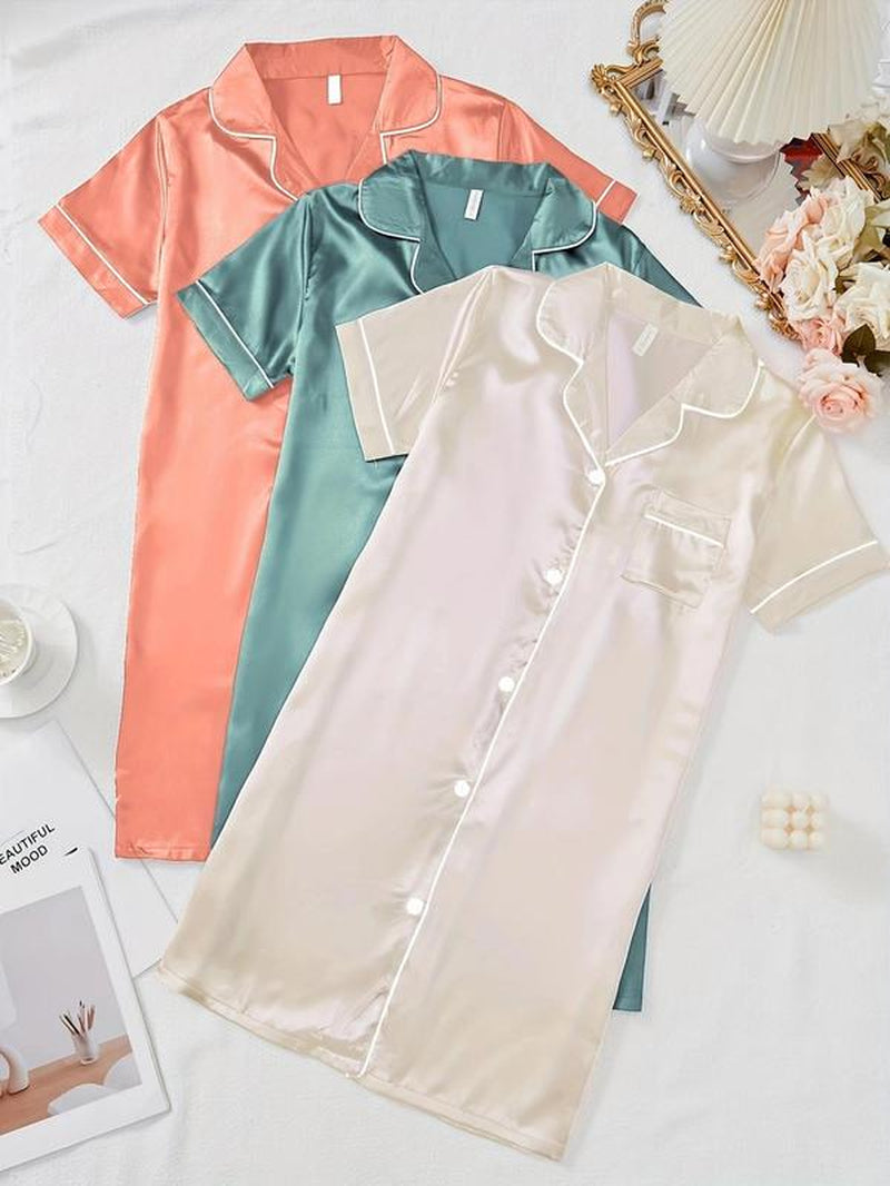 Women'S Contrast Binding Button Front Satin Pyjama Dress, Soft Basic Casual Cute Elegant Comfy Short Sleeve Lapel Neck Pocket Nightdress, Ladies Sleepwear for All Seasons, Pajamas, Womenswear, Pajama Set, Garment, Loungewear