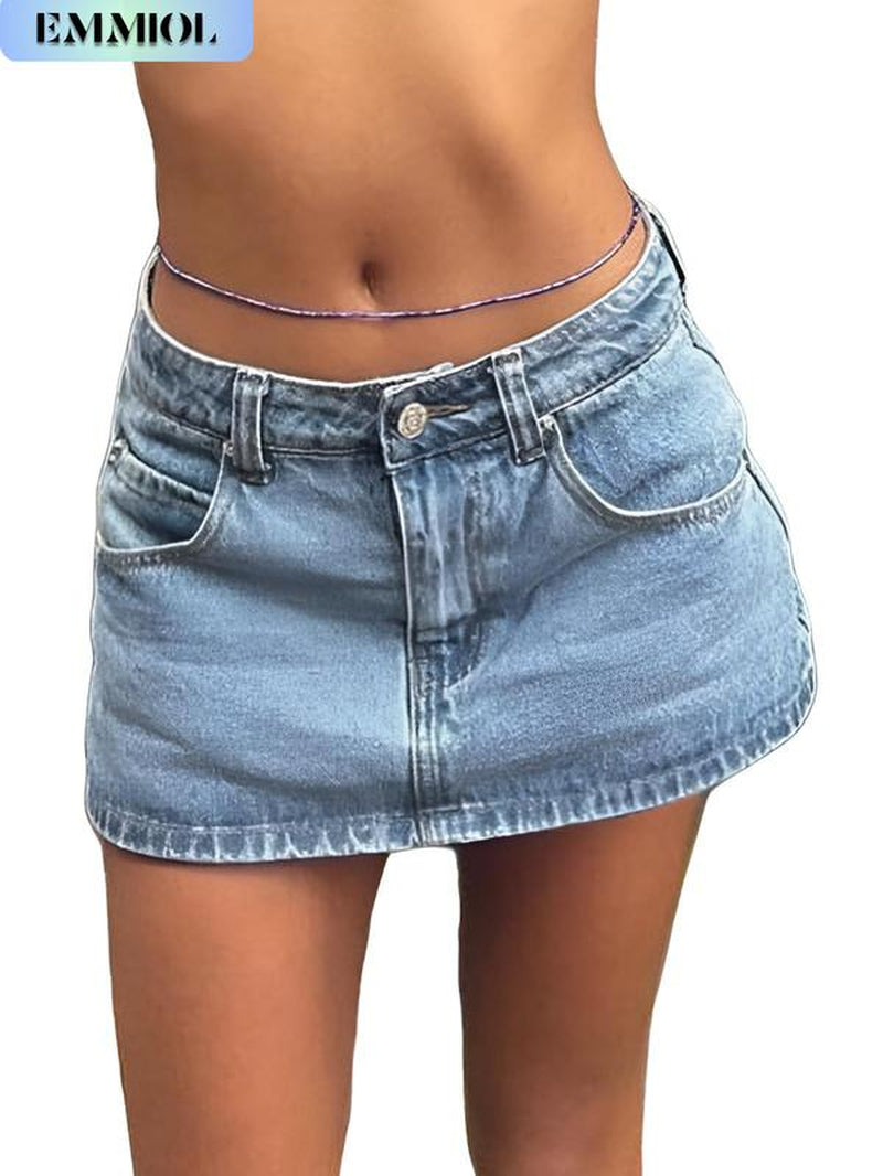 EMMIOL Vintage Blue Fit Denim Mini Jean Skirt for Women - Casual Style, Regular Fit, above Knee, Cotton Material, Multi Belt Loops, No Sheer Material Chic Womenswear