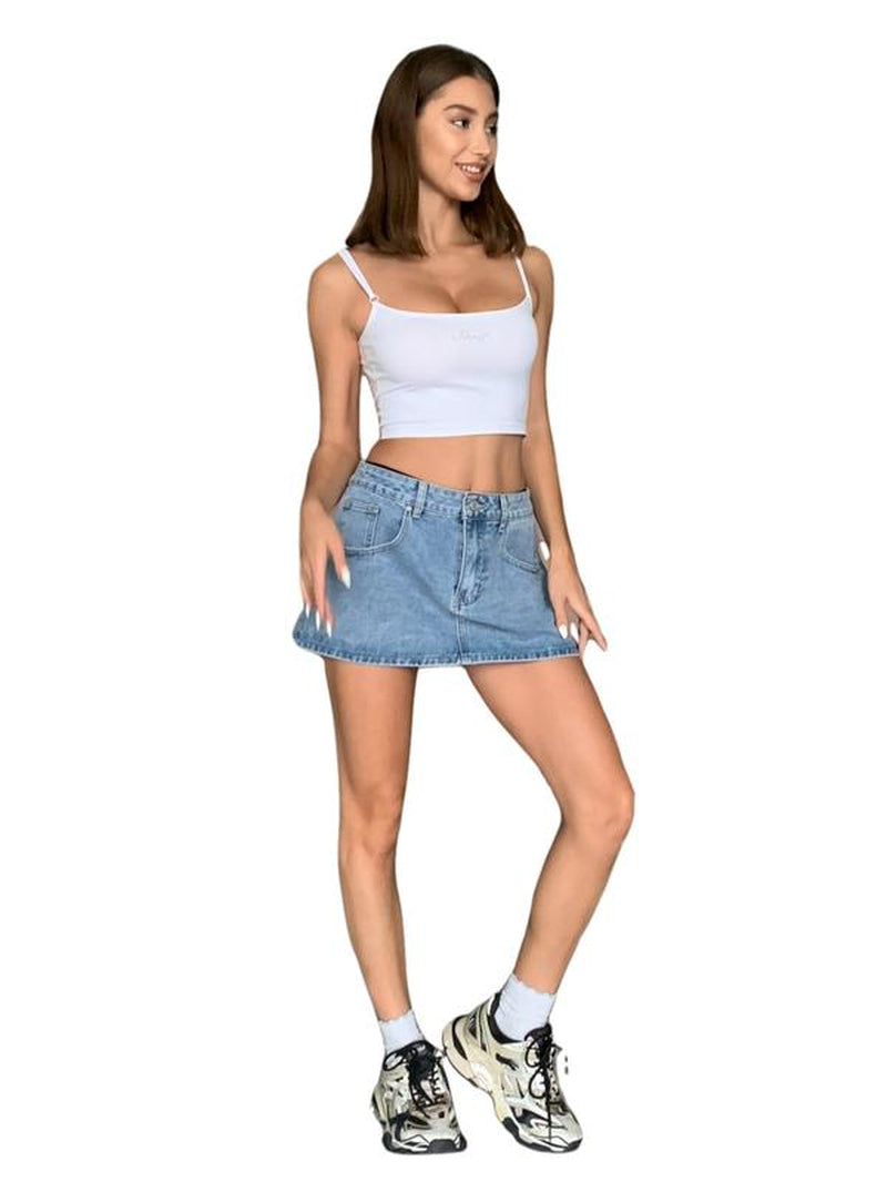 EMMIOL Vintage Blue Fit Denim Mini Jean Skirt for Women - Casual Style, Regular Fit, above Knee, Cotton Material, Multi Belt Loops, No Sheer Material Chic Womenswear
