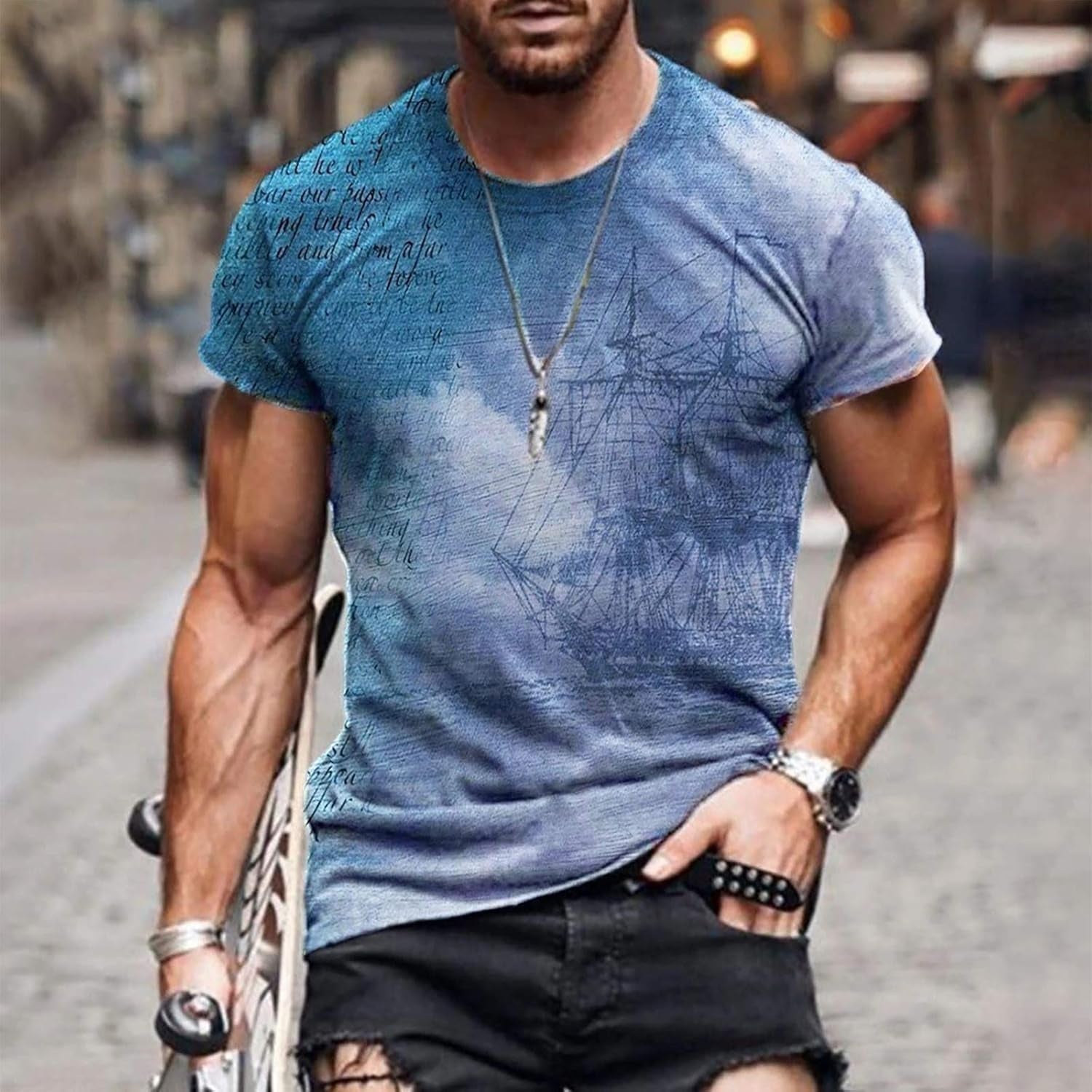 Burband Men's Graphic Short Sleeve Muscle T-Shirts - Fashion 3D Retro Prints for Summer Casual Wear, Available in Big and Tall Sizes M to 4X Large, 2 Blue Options