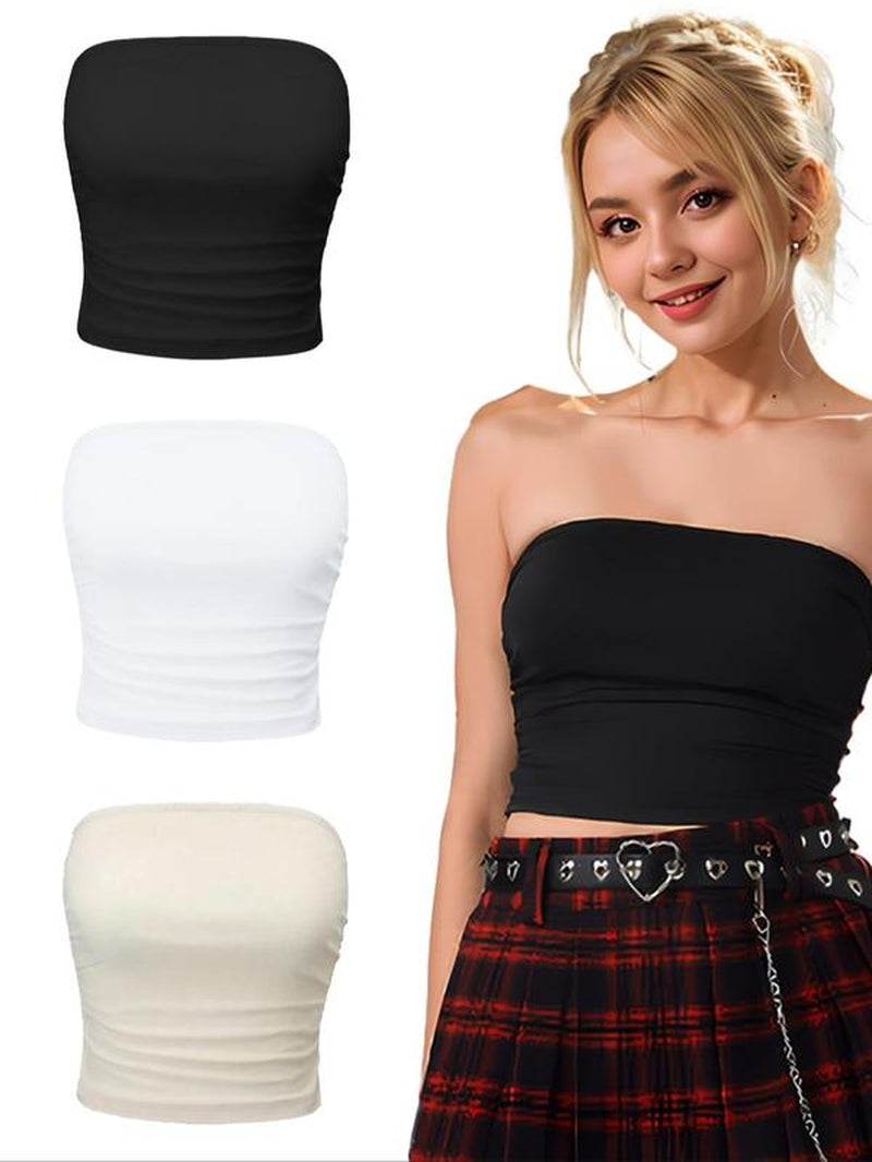 Women'S Solid Ruched Crop Tube Top, Summer Clothes Women, Casual Basic Strapless Top for Summer, Women'S Clothes for Daily Wear, Clothing