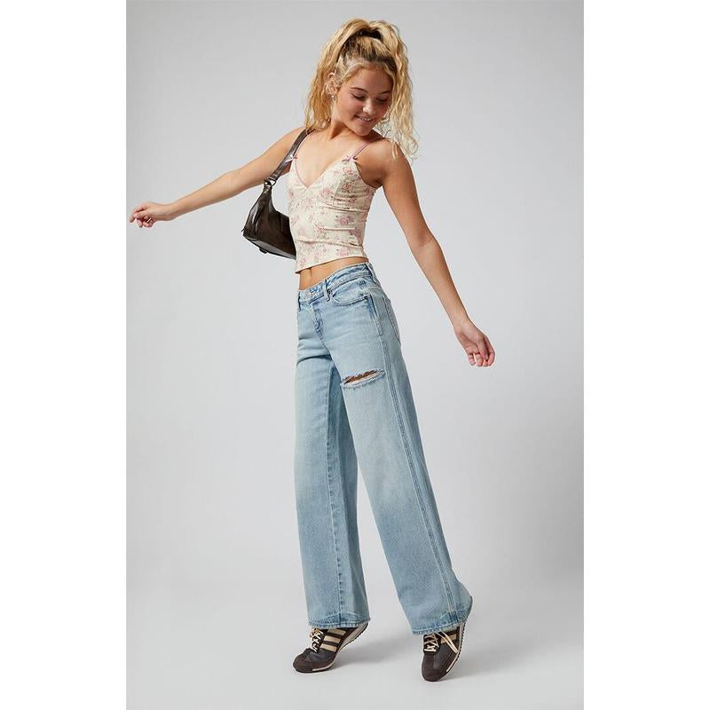 Pacsun Women'S Casey Low Rise Baggy Jeans Ripped Slit Light Indigo