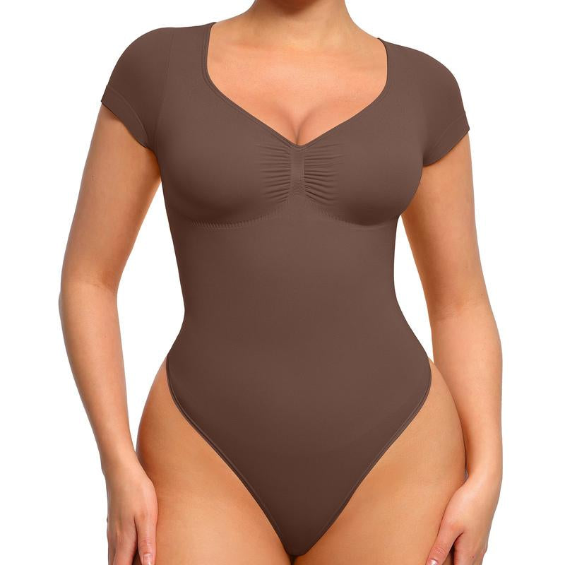 Feelingirl Women'S Short Sleeve Bodysuit for Tummy Control V Neck Seamless Body Suits Thong Going Out Tops Deals for You Days