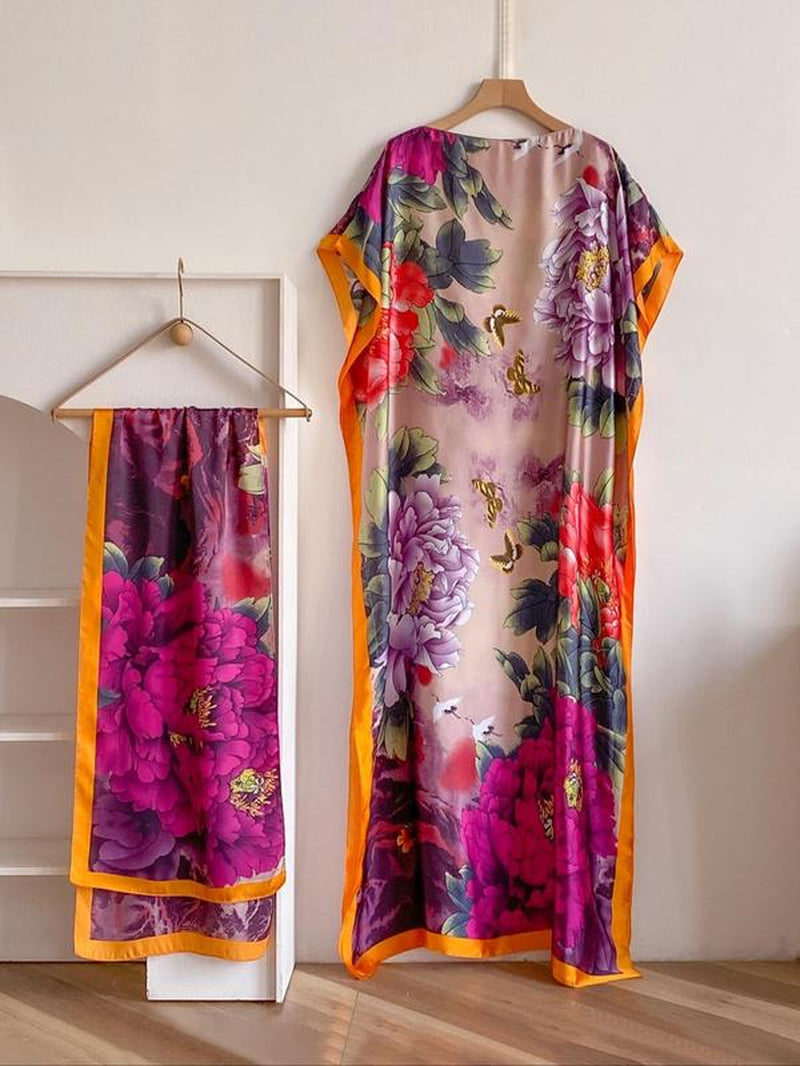 Women'S Floral & Butterfly & Peacock Print Cape Shawl & Scarf Set, Elegant Casual Casual Soft Scarf& Cape Boho Style Shawl Set for Beach Vacation, Fashion Accessories for Women, Gift for Mom, Blanket Scarf, Handmade Scarf, Floral Embroidered Scarf
