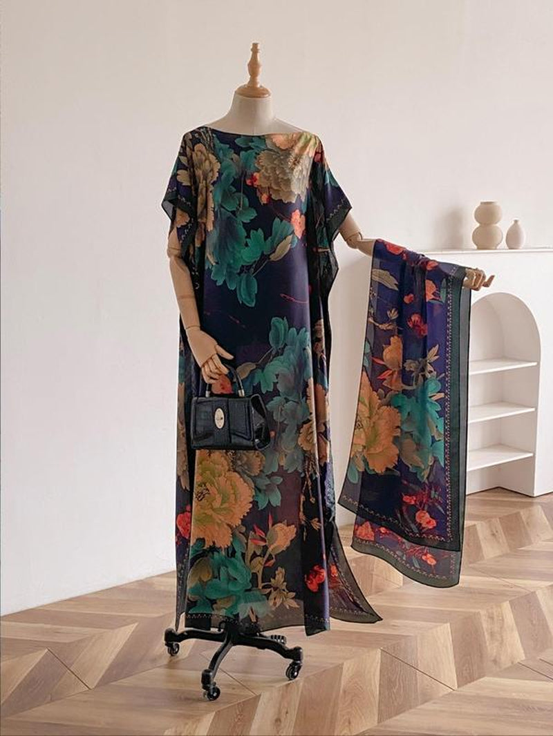 Women'S Floral & Butterfly & Peacock Print Cape Shawl & Scarf Set, Elegant Casual Casual Soft Scarf& Cape Boho Style Shawl Set for Beach Vacation, Fashion Accessories for Women, Gift for Mom, Blanket Scarf, Handmade Scarf, Floral Embroidered Scarf