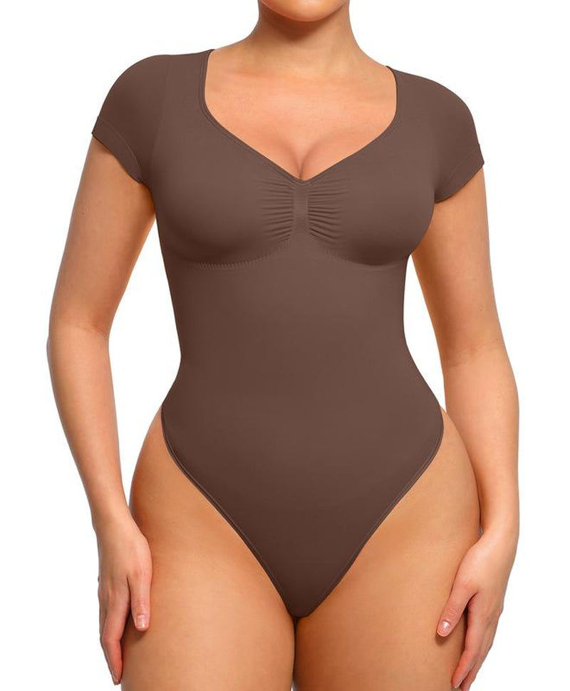 Feelingirl Women'S Short Sleeve Bodysuit for Tummy Control V Neck Seamless Body Suits Thong Going Out Tops Deals for You Days