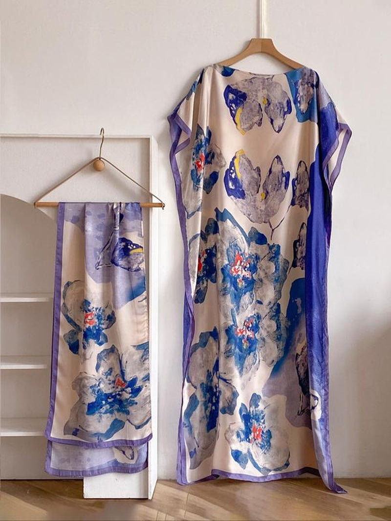 Women'S Floral & Butterfly & Peacock Print Cape Shawl & Scarf Set, Elegant Casual Casual Soft Scarf& Cape Boho Style Shawl Set for Beach Vacation, Fashion Accessories for Women, Gift for Mom, Blanket Scarf, Handmade Scarf, Floral Embroidered Scarf