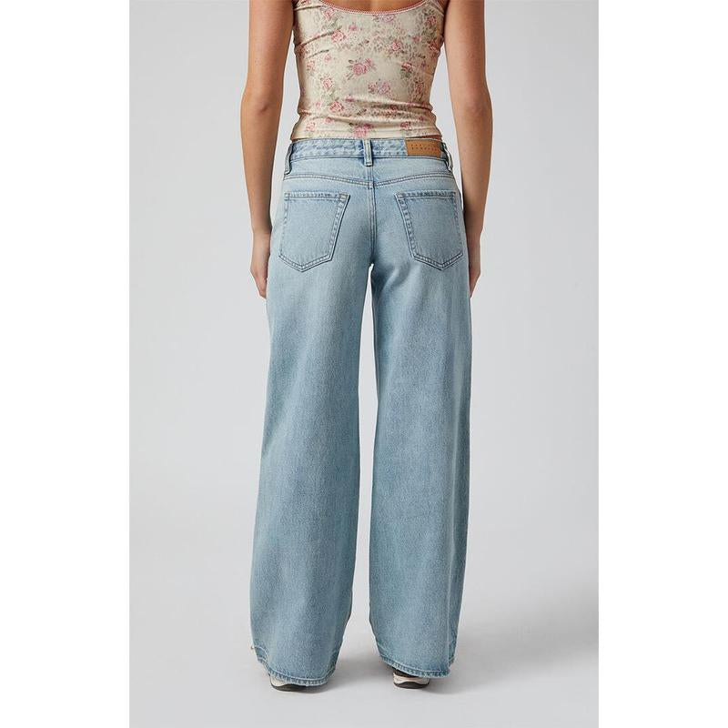 Pacsun Women'S Casey Low Rise Baggy Jeans Ripped Slit Light Indigo
