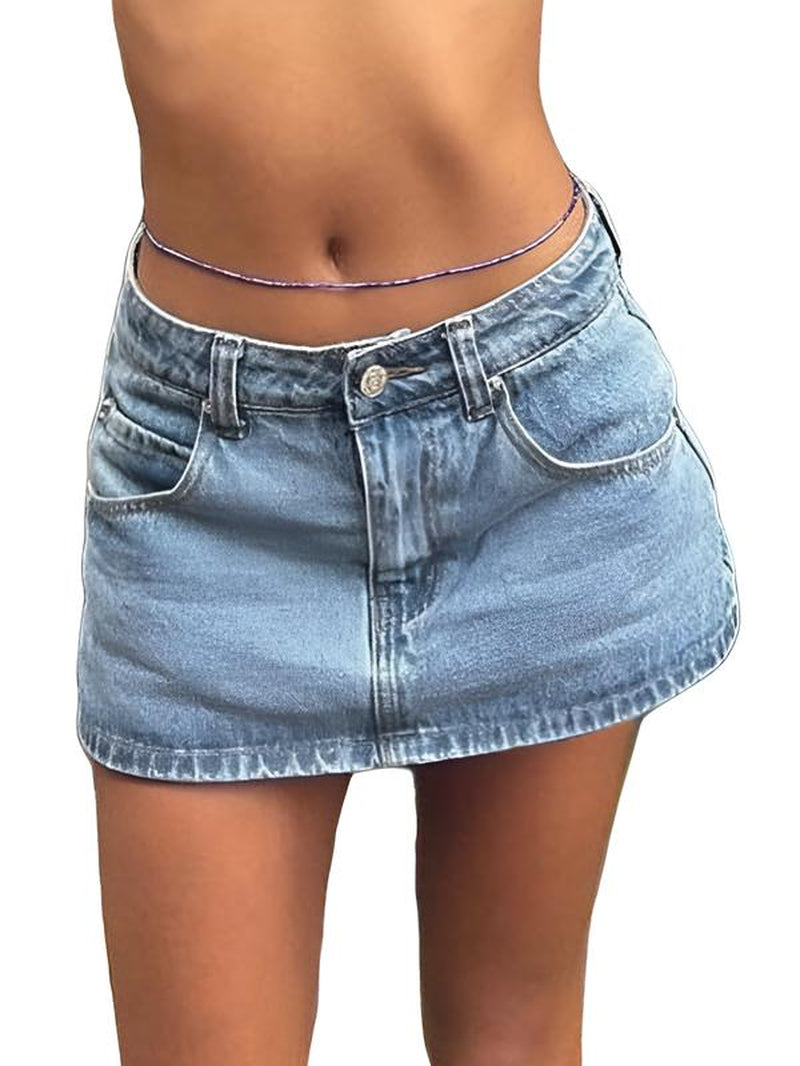 EMMIOL Vintage Blue Fit Denim Mini Jean Skirt for Women - Casual Style, Regular Fit, above Knee, Cotton Material, Multi Belt Loops, No Sheer Material Chic Womenswear