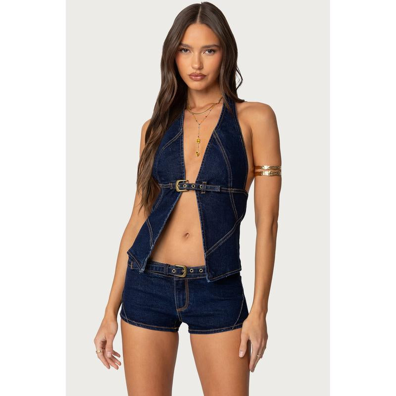 Ciel Split Front Denim Halter Top