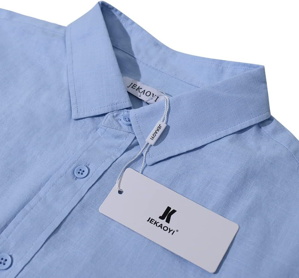 Men's Casual Long Sleeve Cotton Linen Button-Down Shirts with Roll-Up Sleeves - Solid Color Summer Beach Wear