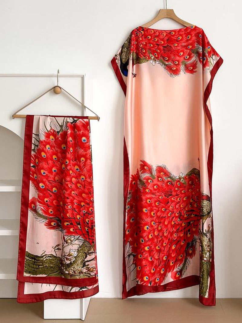 Women'S Floral & Butterfly & Peacock Print Cape Shawl & Scarf Set, Elegant Casual Casual Soft Scarf& Cape Boho Style Shawl Set for Beach Vacation, Fashion Accessories for Women, Gift for Mom, Blanket Scarf, Handmade Scarf, Floral Embroidered Scarf