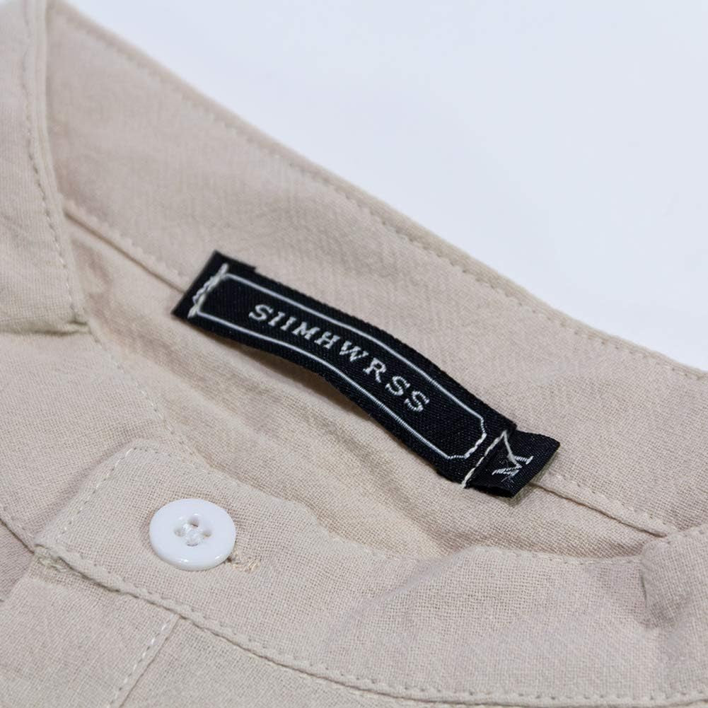 Men's Casual Linen Cotton Henley Shirt - Short Sleeve Hippie Button-Up Beach T-Shirt - Available in 7 Colors, including Beige