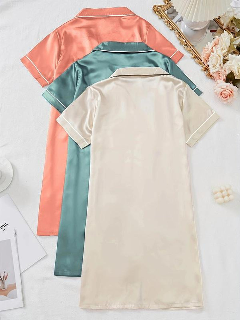 Women'S Contrast Binding Button Front Satin Pyjama Dress, Soft Basic Casual Cute Elegant Comfy Short Sleeve Lapel Neck Pocket Nightdress, Ladies Sleepwear for All Seasons, Pajamas, Womenswear, Pajama Set, Garment, Loungewear