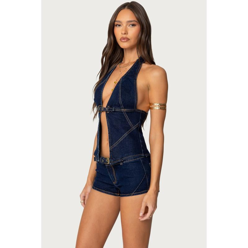 Ciel Split Front Denim Halter Top