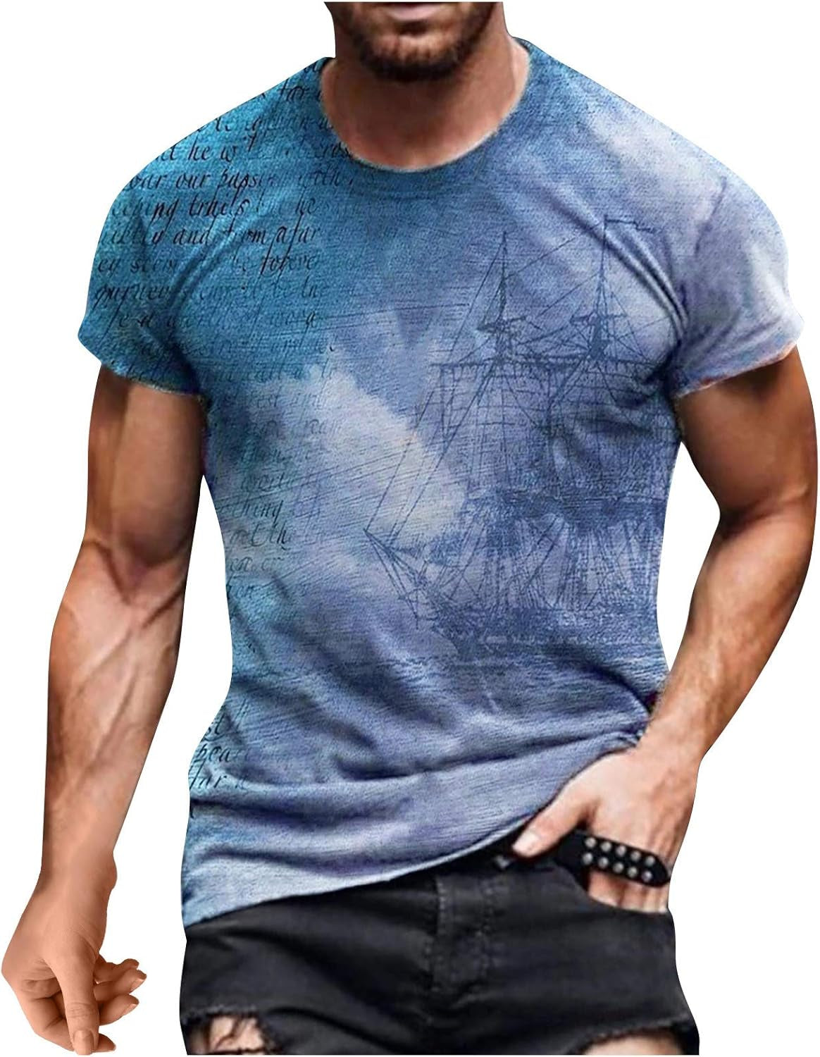 Burband Men's Graphic Short Sleeve Muscle T-Shirts - Fashion 3D Retro Prints for Summer Casual Wear, Available in Big and Tall Sizes M to 4X Large, 2 Blue Options