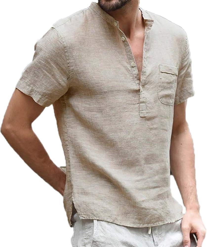 Men's Casual Linen Cotton Henley Shirt - Short Sleeve Hippie Button-Up Beach T-Shirt - Available in 7 Colors, including Beige