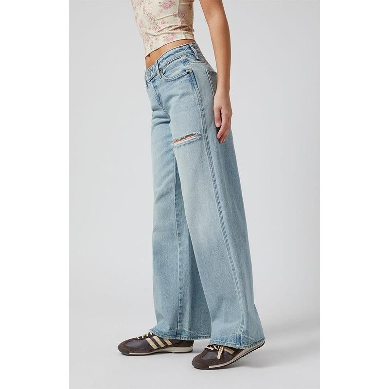 Pacsun Women'S Casey Low Rise Baggy Jeans Ripped Slit Light Indigo