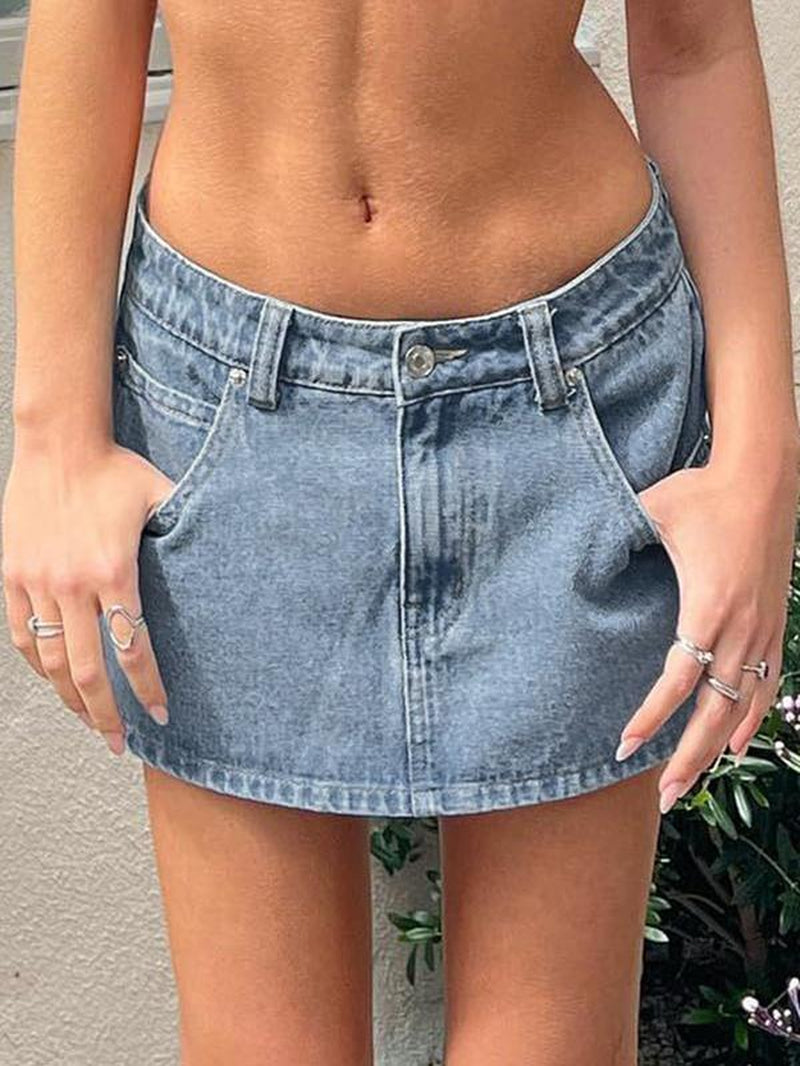 EMMIOL Vintage Blue Fit Denim Mini Jean Skirt for Women - Casual Style, Regular Fit, above Knee, Cotton Material, Multi Belt Loops, No Sheer Material Chic Womenswear