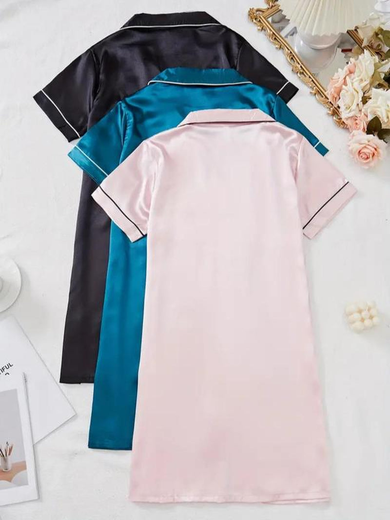 Women'S Contrast Binding Button Front Satin Pyjama Dress, Soft Basic Casual Cute Elegant Comfy Short Sleeve Lapel Neck Pocket Nightdress, Ladies Sleepwear for All Seasons, Pajamas, Womenswear, Pajama Set, Garment, Loungewear