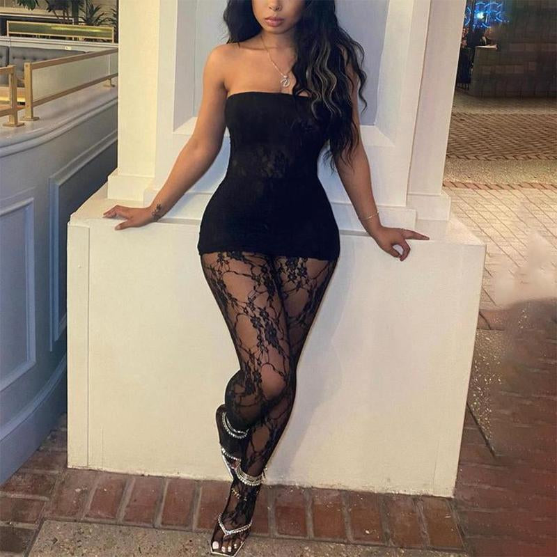 Lace Semi-Sheer Mesh Dress Leggings Set for Women Top Pants 2 Piece Outfits off Shoulder Tube Tops Lace Mini Dress & Pants Dinner Night Out Birthday Date Black Red Christmassummer Womenswear Bodycon High Waist Sleeveless Fabric Elastic Style Formal Cute