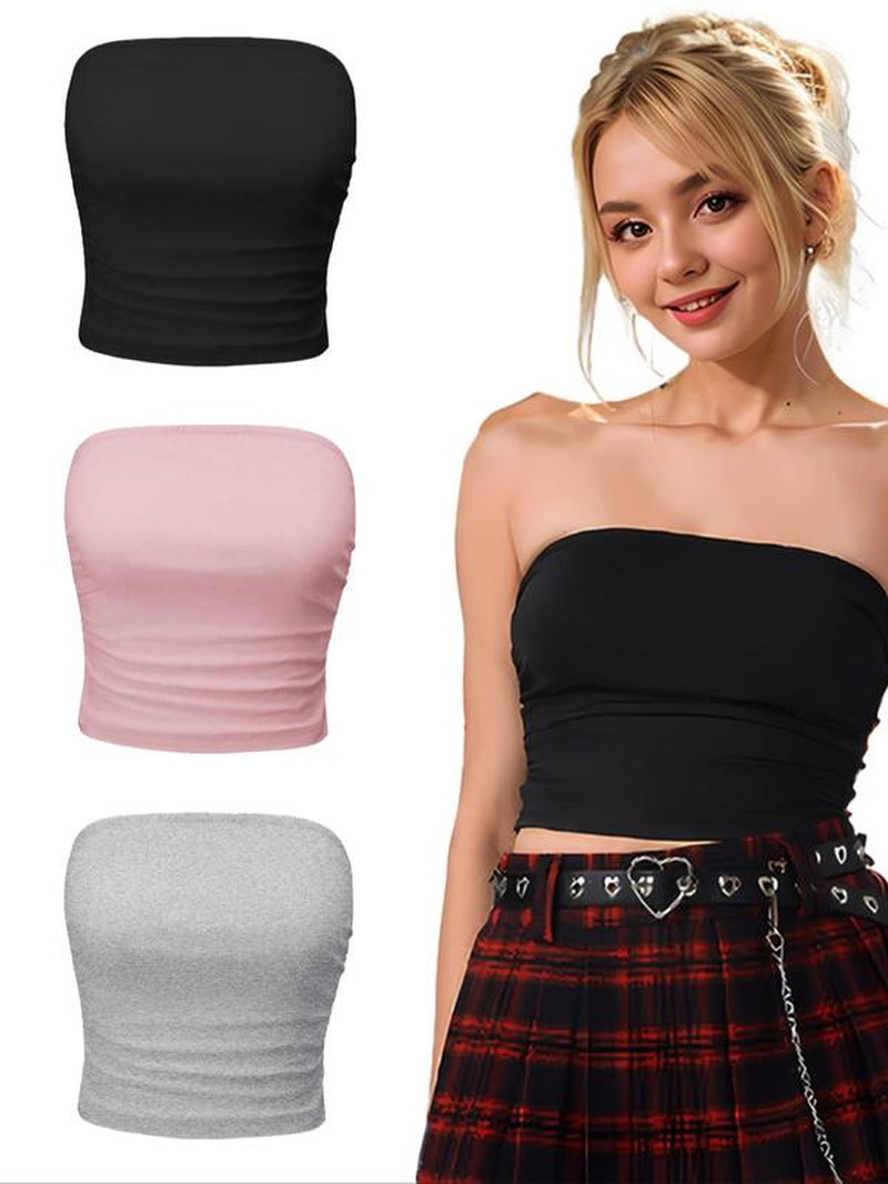 Women'S Solid Ruched Crop Tube Top, Summer Clothes Women, Casual Basic Strapless Top for Summer, Women'S Clothes for Daily Wear, Clothing