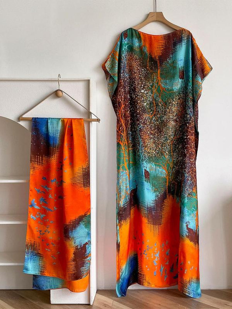 Women'S Floral & Butterfly & Peacock Print Cape Shawl & Scarf Set, Elegant Casual Casual Soft Scarf& Cape Boho Style Shawl Set for Beach Vacation, Fashion Accessories for Women, Gift for Mom, Blanket Scarf, Handmade Scarf, Floral Embroidered Scarf