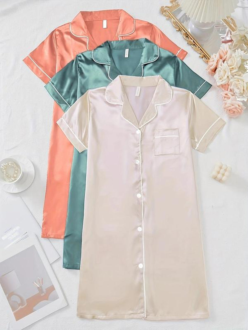 Women'S Contrast Binding Button Front Satin Pyjama Dress, Soft Basic Casual Cute Elegant Comfy Short Sleeve Lapel Neck Pocket Nightdress, Ladies Sleepwear for All Seasons, Pajamas, Womenswear, Pajama Set, Garment, Loungewear