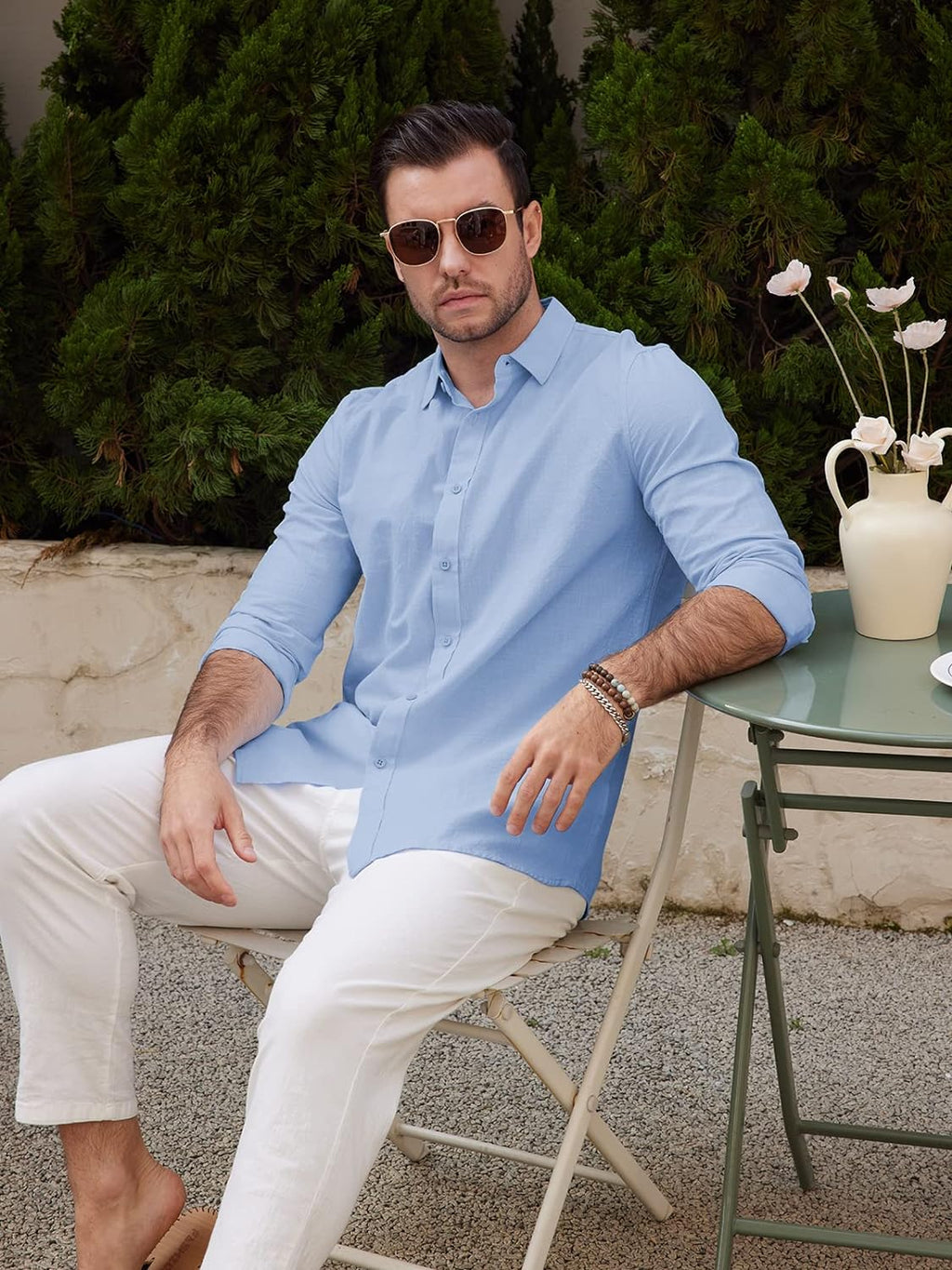 Men's Casual Long Sleeve Cotton Linen Button-Down Shirts with Roll-Up Sleeves - Solid Color Summer Beach Wear