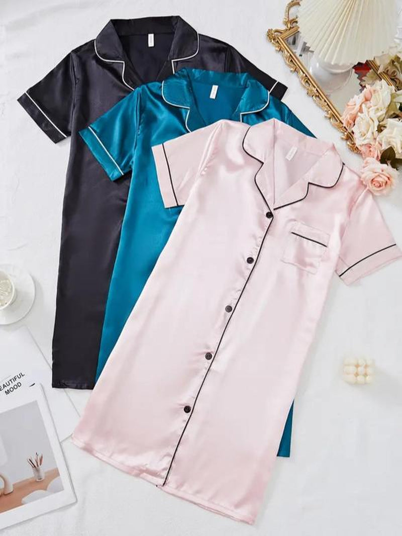 Women'S Contrast Binding Button Front Satin Pyjama Dress, Soft Basic Casual Cute Elegant Comfy Short Sleeve Lapel Neck Pocket Nightdress, Ladies Sleepwear for All Seasons, Pajamas, Womenswear, Pajama Set, Garment, Loungewear