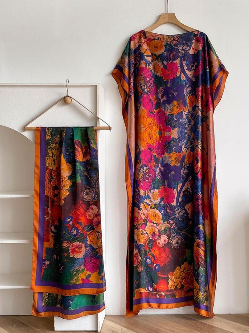 Women'S Floral & Butterfly & Peacock Print Cape Shawl & Scarf Set, Elegant Casual Casual Soft Scarf& Cape Boho Style Shawl Set for Beach Vacation, Fashion Accessories for Women, Gift for Mom, Blanket Scarf, Handmade Scarf, Floral Embroidered Scarf