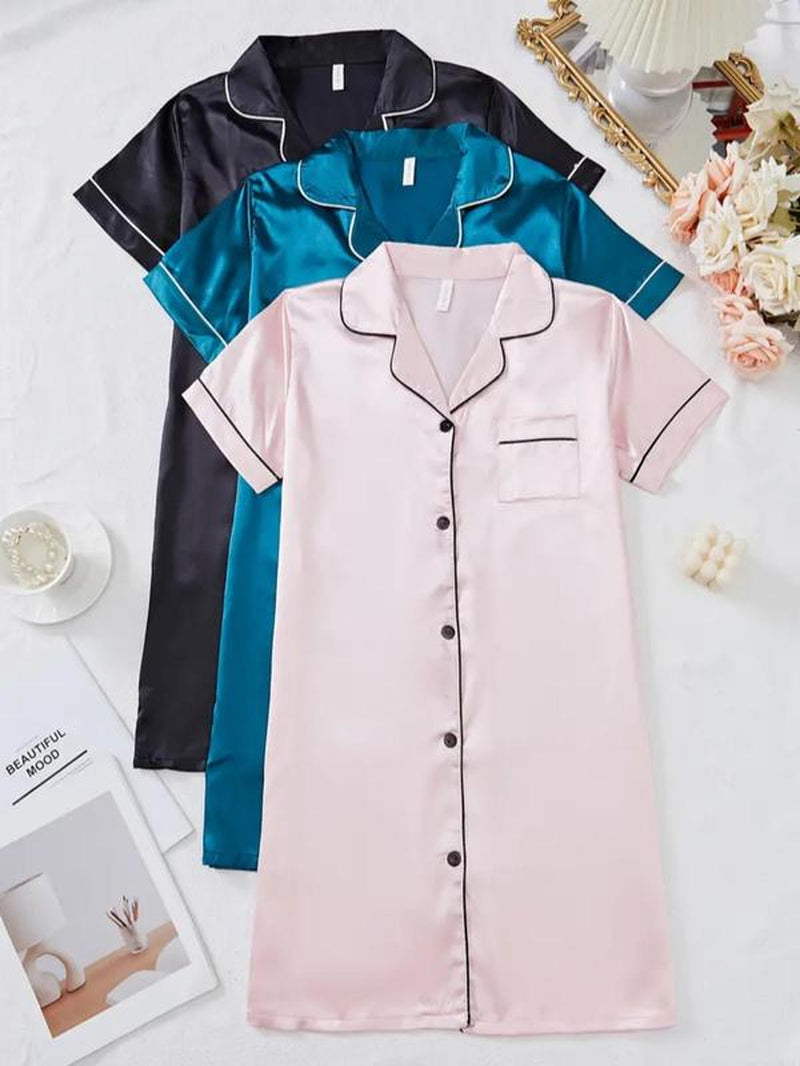 Women'S Contrast Binding Button Front Satin Pyjama Dress, Soft Basic Casual Cute Elegant Comfy Short Sleeve Lapel Neck Pocket Nightdress, Ladies Sleepwear for All Seasons, Pajamas, Womenswear, Pajama Set, Garment, Loungewear
