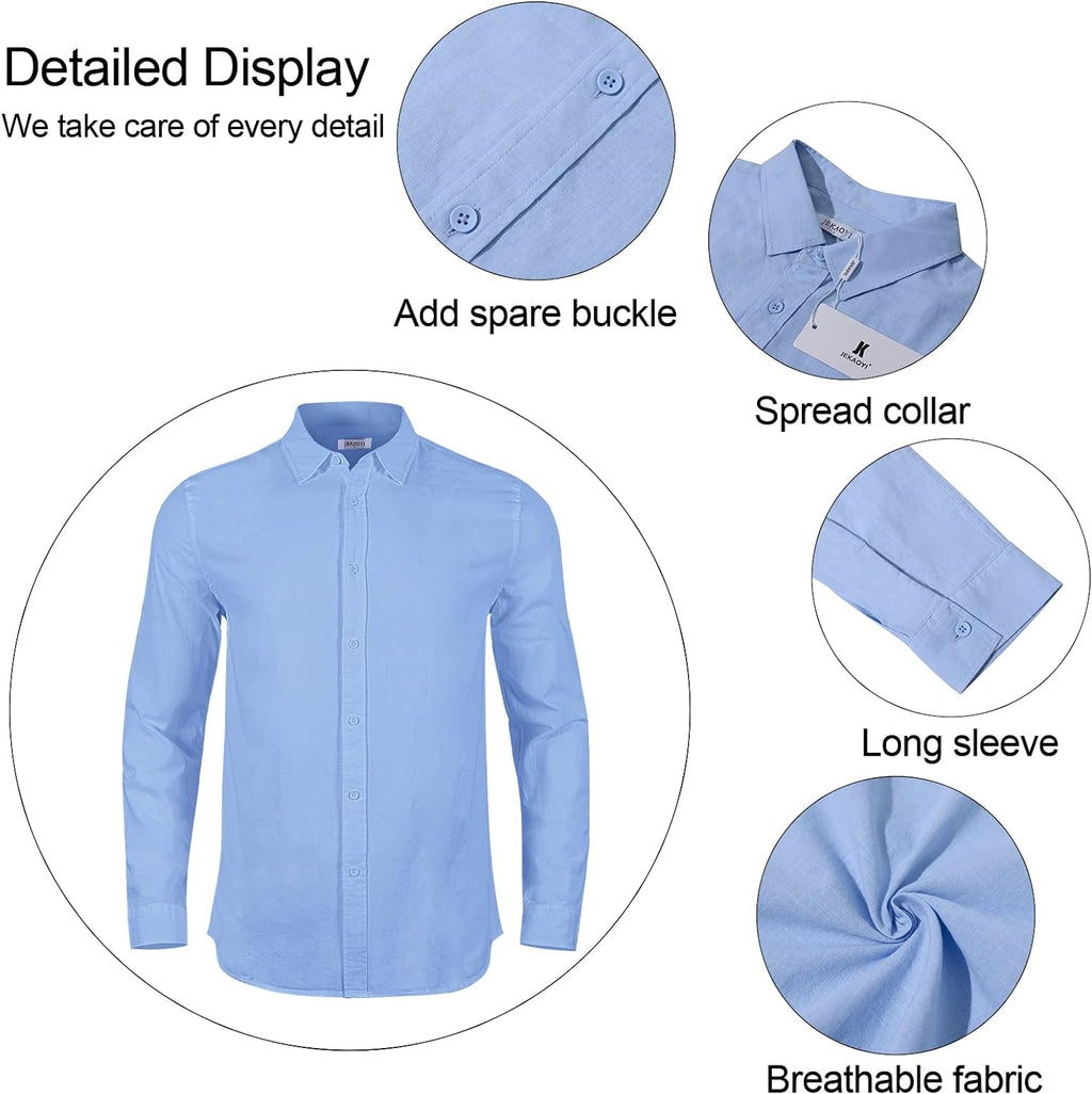 Men's Casual Long Sleeve Cotton Linen Button-Down Shirts with Roll-Up Sleeves - Solid Color Summer Beach Wear