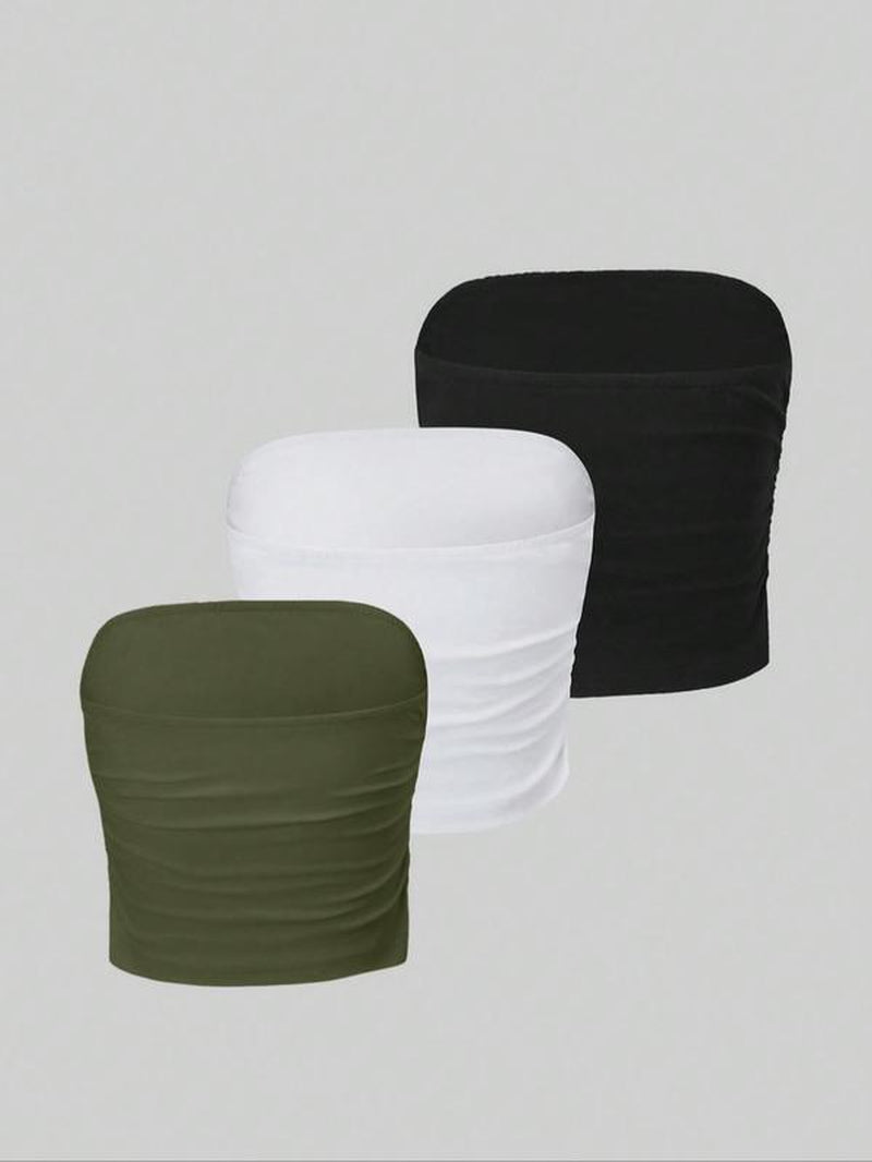 Women'S Solid Ruched Crop Tube Top, Summer Clothes Women, Casual Basic Strapless Top for Summer, Women'S Clothes for Daily Wear, Clothing