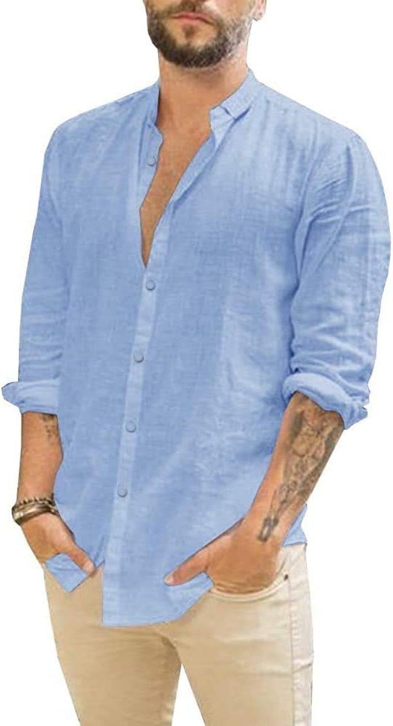 Men's Casual Long Sleeve Cotton Linen Button-Down Shirts with Roll-Up Sleeves - Solid Color Summer Beach Wear