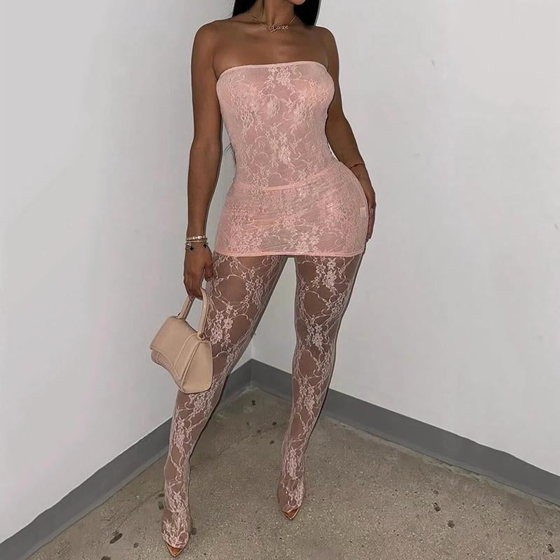 Lace Semi-Sheer Mesh Dress Leggings Set for Women Top Pants 2 Piece Outfits off Shoulder Tube Tops Lace Mini Dress & Pants Dinner Night Out Birthday Date Black Red Christmassummer Womenswear Bodycon High Waist Sleeveless Fabric Elastic Style Formal Cute