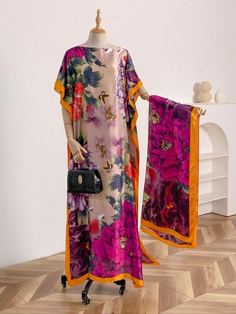 Women'S Floral & Butterfly & Peacock Print Cape Shawl & Scarf Set, Elegant Casual Casual Soft Scarf& Cape Boho Style Shawl Set for Beach Vacation, Fashion Accessories for Women, Gift for Mom, Blanket Scarf, Handmade Scarf, Floral Embroidered Scarf