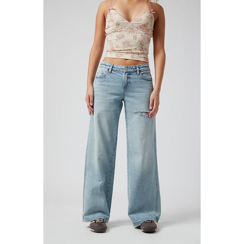 Pacsun Women'S Casey Low Rise Baggy Jeans Ripped Slit Light Indigo