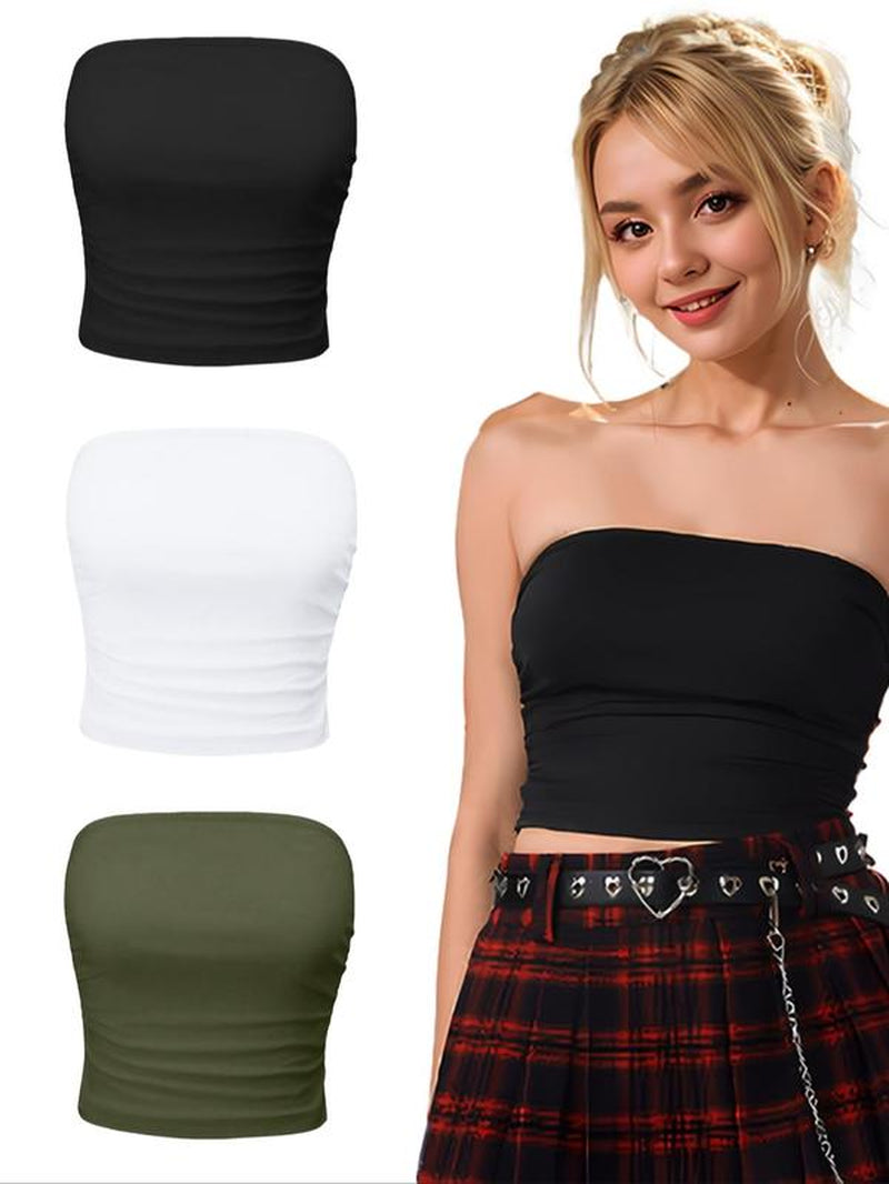 Women'S Solid Ruched Crop Tube Top, Summer Clothes Women, Casual Basic Strapless Top for Summer, Women'S Clothes for Daily Wear, Clothing