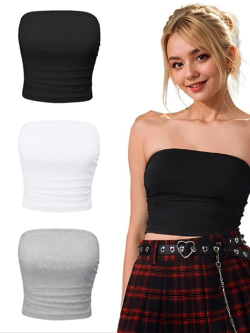 Women'S Solid Ruched Crop Tube Top, Summer Clothes Women, Casual Basic Strapless Top for Summer, Women'S Clothes for Daily Wear, Clothing
