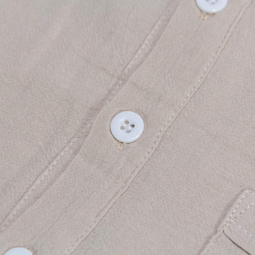 Men's Casual Linen Cotton Henley Shirt - Short Sleeve Hippie Button-Up Beach T-Shirt - Available in 7 Colors, including Beige