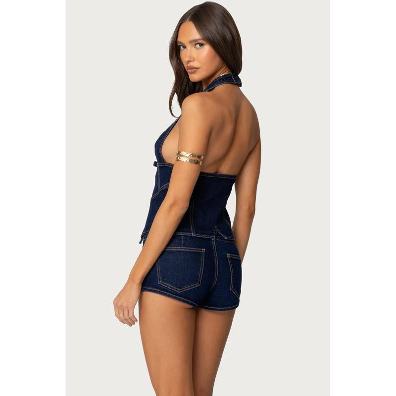 Ciel Split Front Denim Halter Top