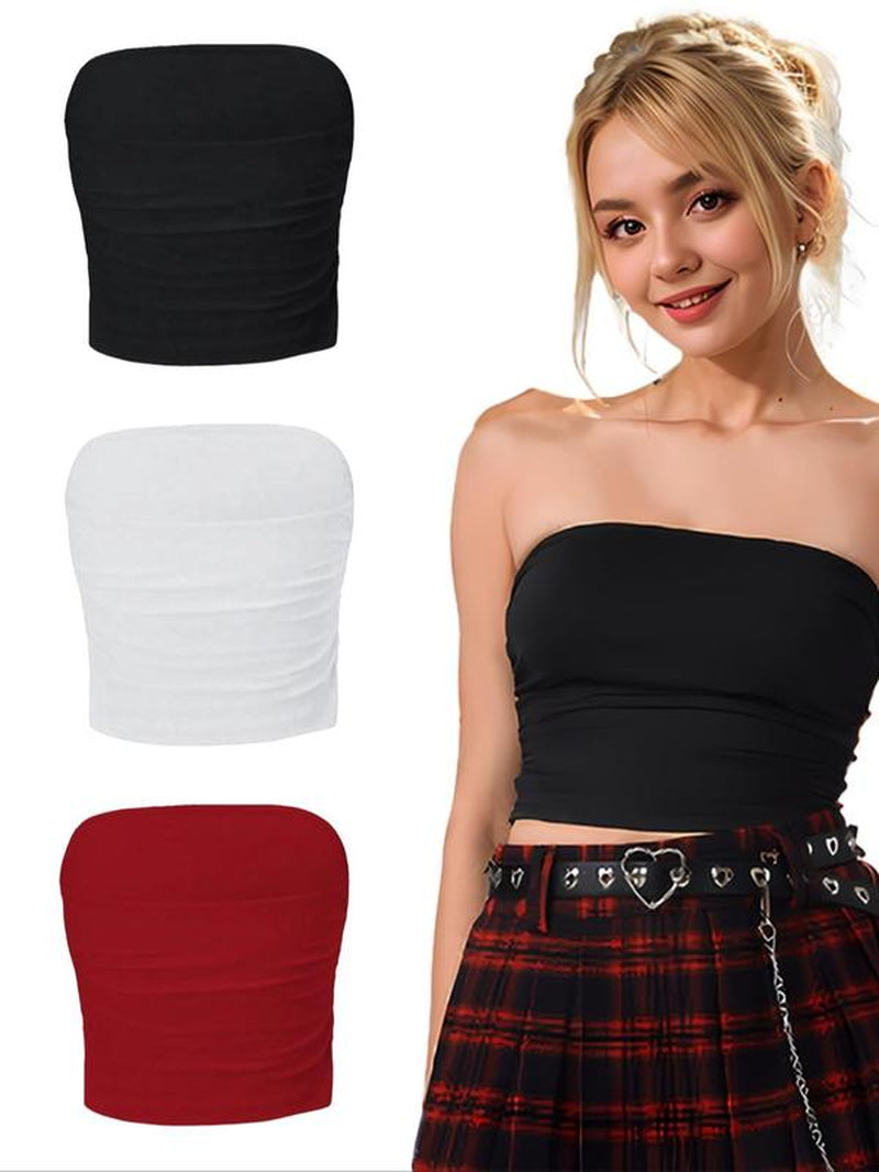 Women'S Solid Ruched Crop Tube Top, Summer Clothes Women, Casual Basic Strapless Top for Summer, Women'S Clothes for Daily Wear, Clothing