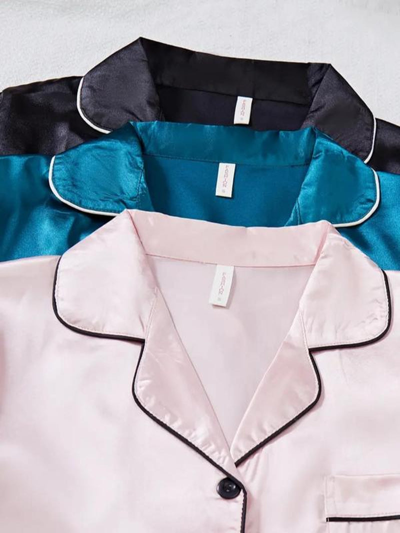 Women'S Contrast Binding Button Front Satin Pyjama Dress, Soft Basic Casual Cute Elegant Comfy Short Sleeve Lapel Neck Pocket Nightdress, Ladies Sleepwear for All Seasons, Pajamas, Womenswear, Pajama Set, Garment, Loungewear