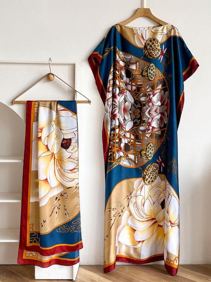 Women'S Floral & Butterfly & Peacock Print Cape Shawl & Scarf Set, Elegant Casual Casual Soft Scarf& Cape Boho Style Shawl Set for Beach Vacation, Fashion Accessories for Women, Gift for Mom, Blanket Scarf, Handmade Scarf, Floral Embroidered Scarf